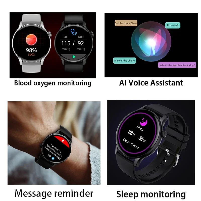 AMOLED 스마트 워치 상시 디스플레이 시계, 블루투스 통화, 음성 제어, IP68 방수, 피트니스 팔찌, 여성용 스마트워치