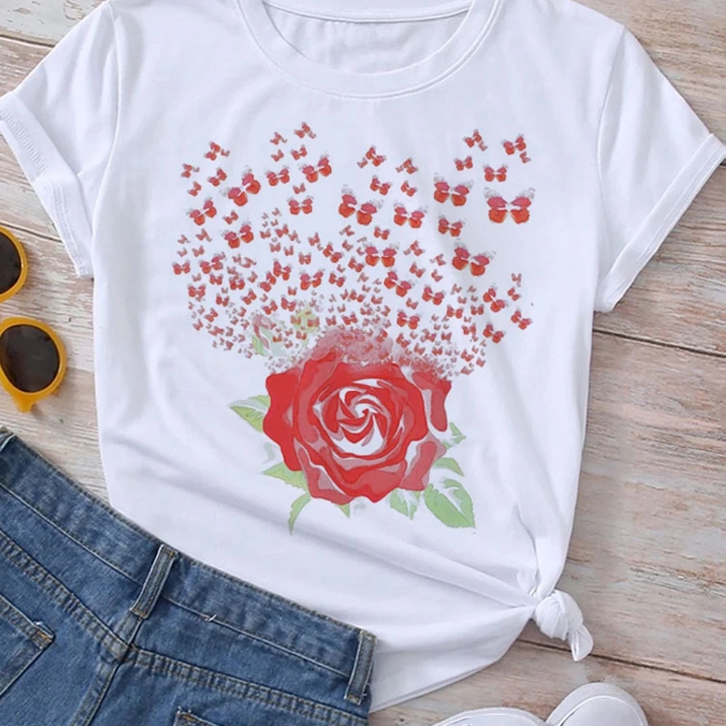 

Woman Short Sleeve Tshirt Clothes Female Blouse Butterfly Flowers Print T Shirt Summer Tops Women T-Shirt Harajuku Graphic Tees