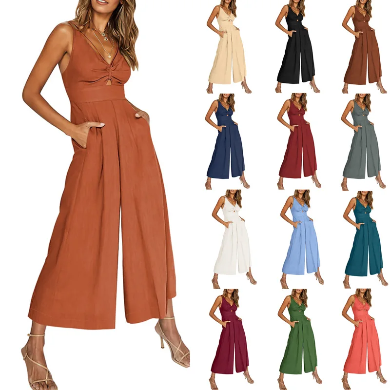 

2023 European and American Summer Suspender V-neck Openwork Pleated High-waist Wide-leg Pocket Women's Jumpsuit