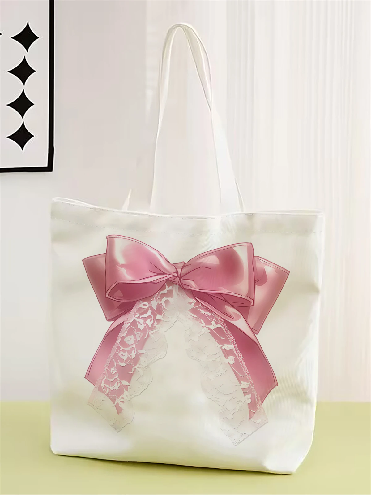 1pc,pink bow handbag, reusable fashionable handbag, multifunctional handbag, printed canvas shopping bag