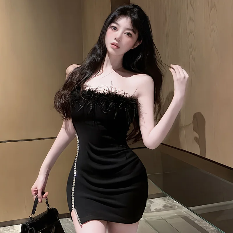 랩스커트 캐주얼 섹시 봉제 스티치 슬릿 디자인, 민소매 스트랩리스 패키지 힙 드레스, 단색, 한국 버전, 여름