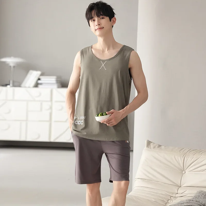 Summer Men Pajamas Modal Cotton Shorts Casual Cotton Silk Male Outerwear Sleepwear Homewear Suit