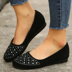 Shiny Crystal Shallow Loafers for Women Lightweight Non-Slip Ballet Flats Woman Black Flock Soft Sole Walking Shoes Female 2024