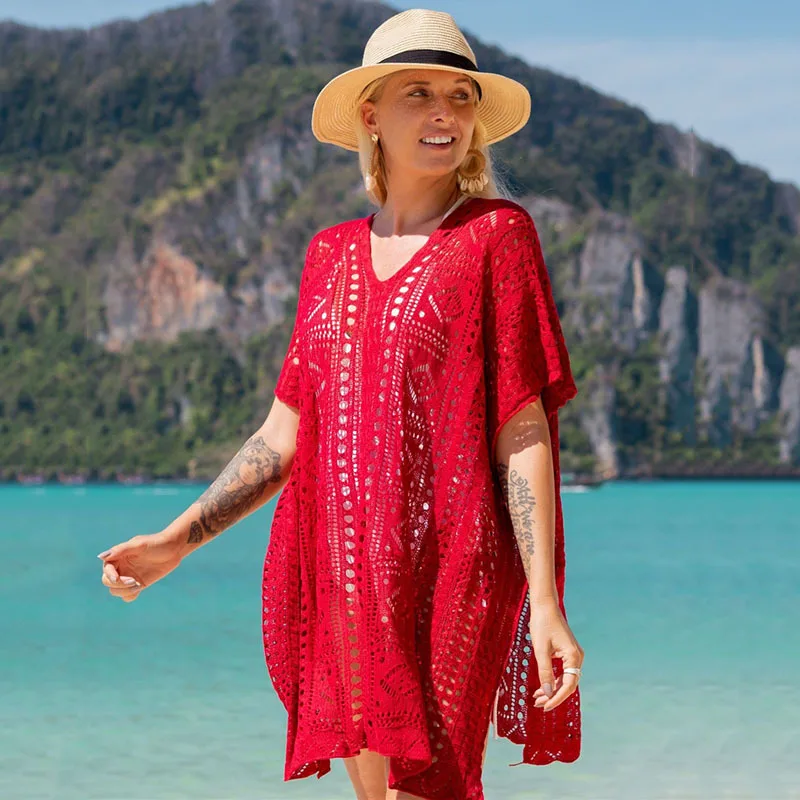 Lace Crochet Bikini Cover Up Women Sexy Tunic Beach Dress Pareos Beach Cover Ups Swim Suit Cover Up Robe Plage Beachwear