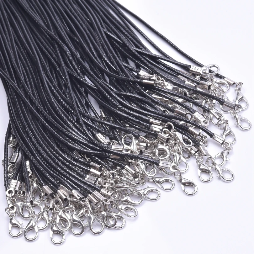 Braided Rope Chain Black Leather Handmade Necklace with Lobster Clasp