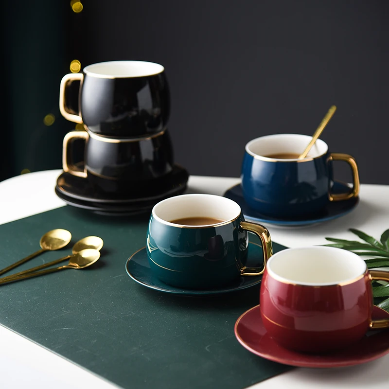 

Modern porcelain cups, coffee cups and plates, ceramics, simple, European style, light, luxury, espresso machines, tea