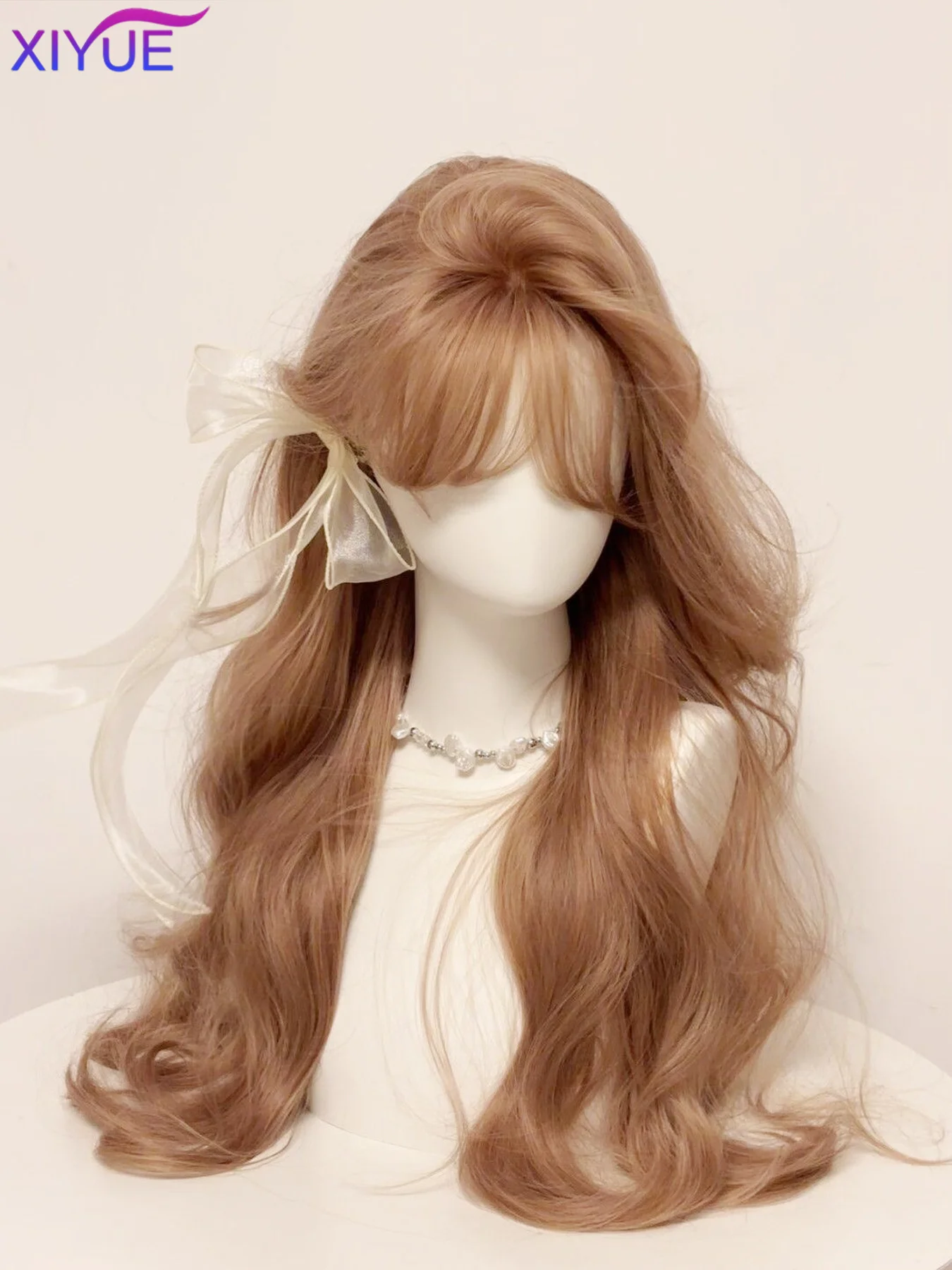XIYUE Cosplay Wig With Bangs Synthetic Straight Hair 24 Inch Long Heat-Resistant Milk tea brown Pink Wig For Women