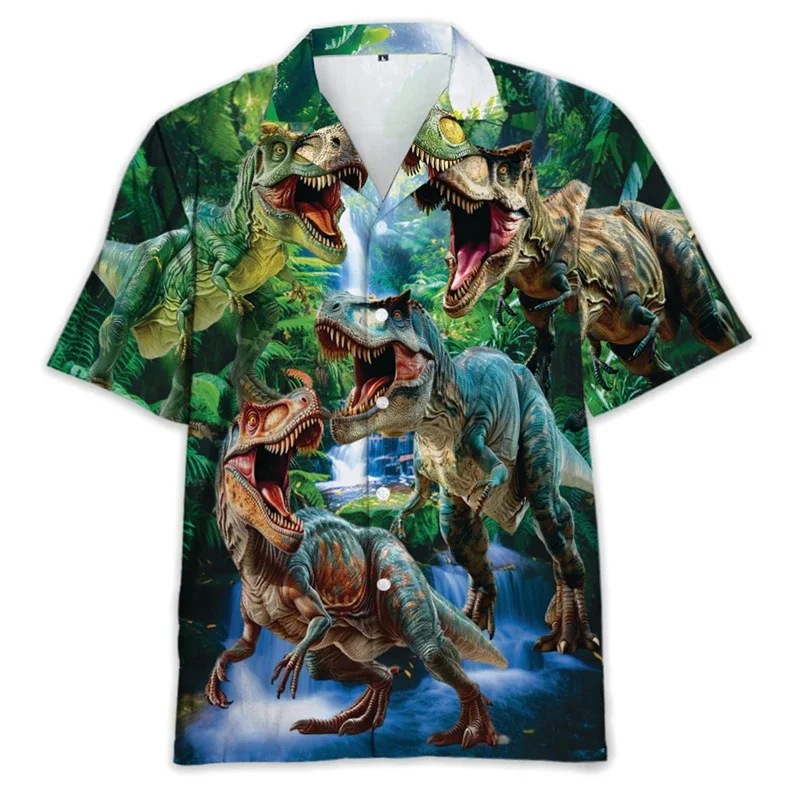 thumbnail image 1 of Camisa hawaiana con estampado de dinosaurio y gato para hombre, divertidas camisas hawaianas con estampado 3D de animales, blusas de moda con solapa, blusas para niños, mangas cortas, 1 of 5