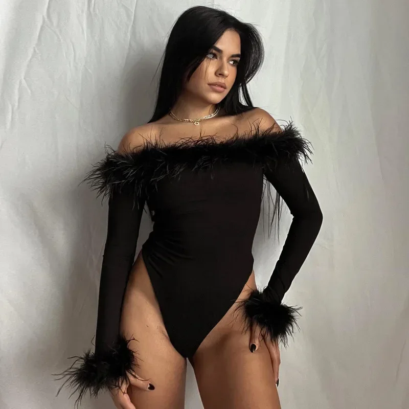 2024 New Bodysuits for Women Elegant One Piece Slim Tops Bodysuit Clothes Fashion Feathers Sexy Long Sleeve Off Shoulder YXQ08