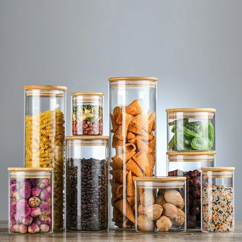 Round Airtight Glass Jars Container with Bamboo Lid for Kitchen Food Snack Seasoning Pasta Storage Bottle Seal Glass Container