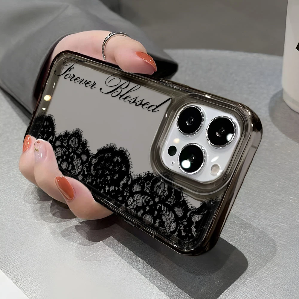 รูปสินค้า เคส iPhone ลายลูกไม้สีดำ โปร่งใส ป้องกันแรงกระแทก