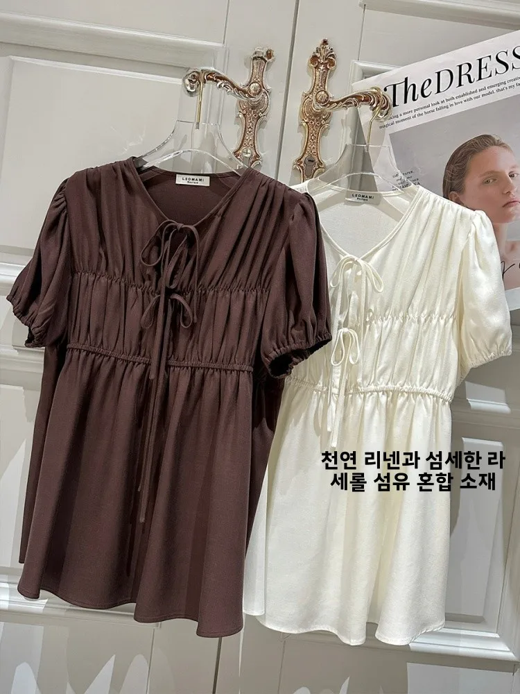LeoM 출산 셔츠 여름 리넨 레이온 주름 허리 타이 반소매 슬리밍 루즈 오리지널 디자인 퓨어 컬러 비즈니스 셔츠