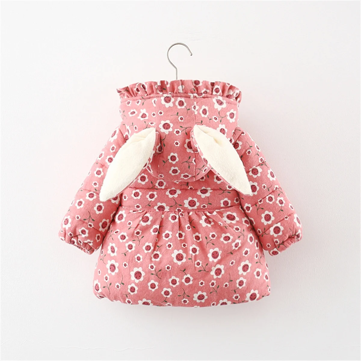 Kids Jackets Winter Coat Winter cotton jacket cartoon floral rabbit ear children's clothing girl baby clothing with waist cinched pink princess style
