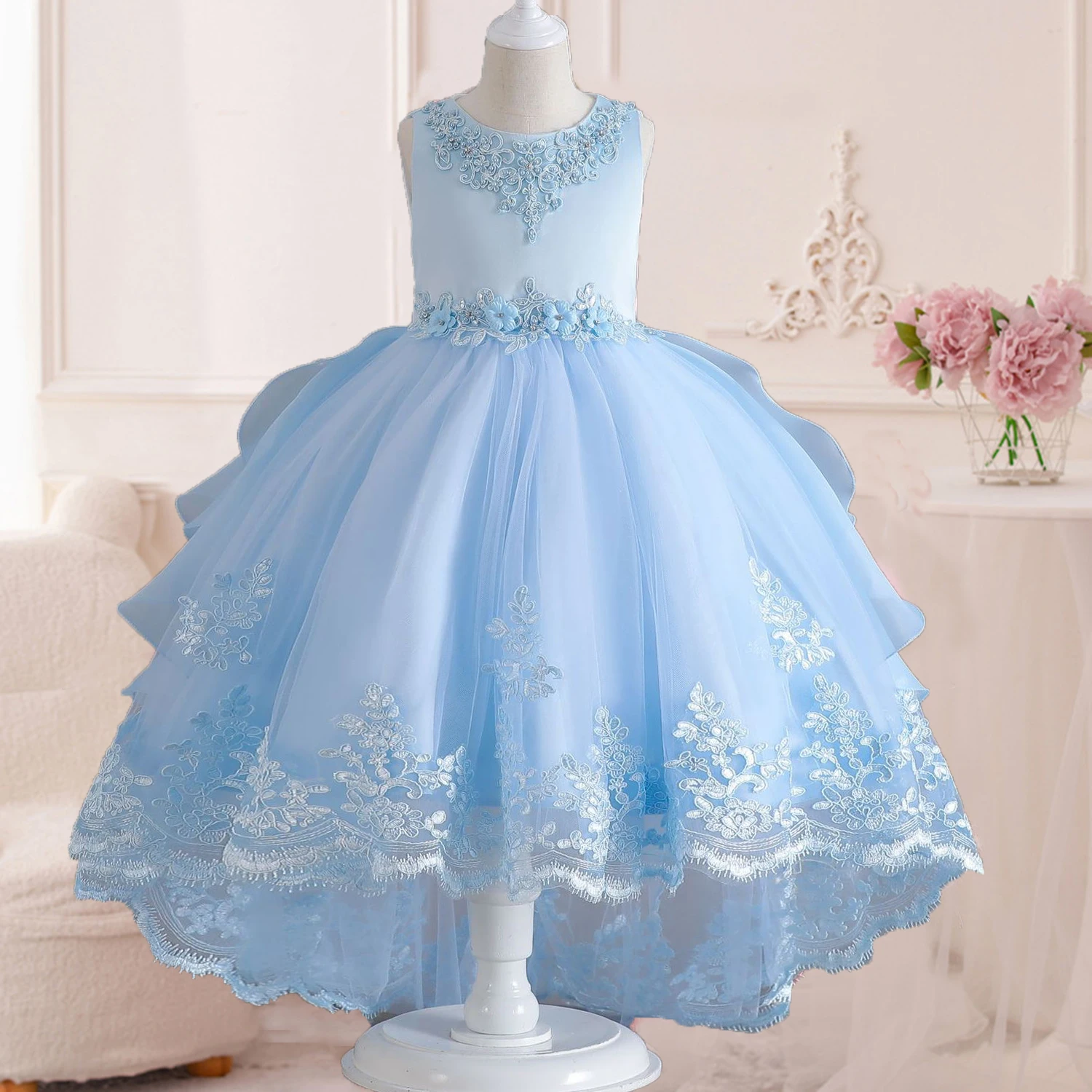 Little Girls Lace Embroidered Flower Girl Dress Birthday Party Pageant Hi-Lo Gown AT122 4