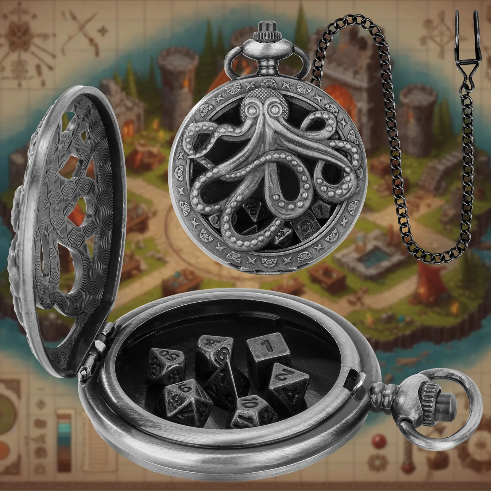 Hollow Pocket Watch Dice set Dragon Dice Pocket Watch Case for Gifts DND Case with Mini Metal Set shell dice set dice storage case