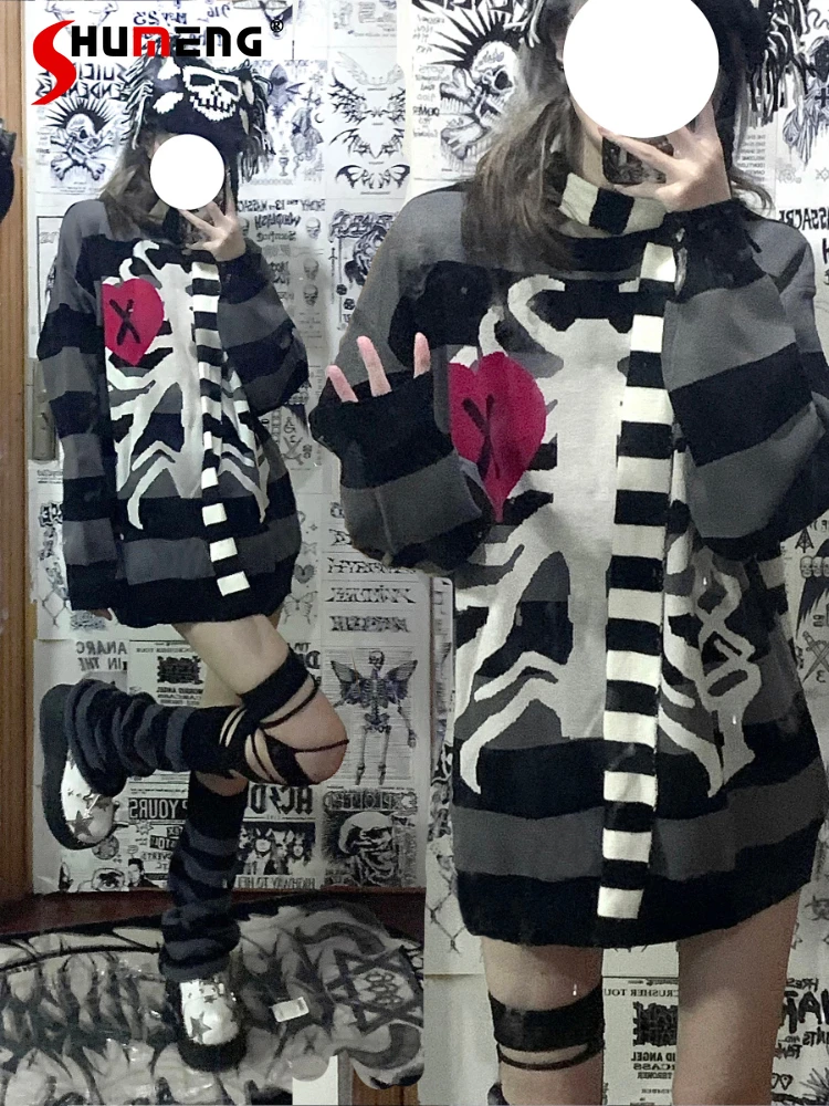 

Original Harajuku Hot Girl Pullover Long Sleeve Stripes Knitwear 2023 Autumn Winter New Loose Round Neck Sweater Coats Women