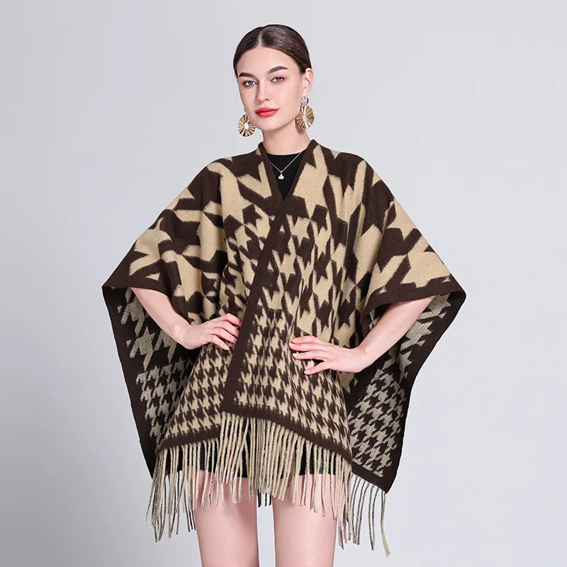 5 Styles Faux Cashmere Capes Women Knitted Thick Poncho Autumn Blanket Winter Shawl Casual Streetwear Plaid Loose Split Cloak