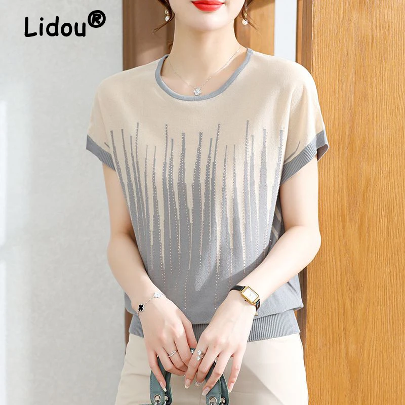 

Women's Clothing Summer Fashion Rhinestone Elegant Ice Silk Knitted T-shirts Casual Round Neck Short Sleeve Loose Pullover Tops
