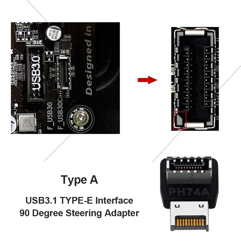 USB 헤더 어댑터 컴퓨터 마더보드, C타입 USB3.1, E타입 90 도 변환기, 컴퓨터 액세서리