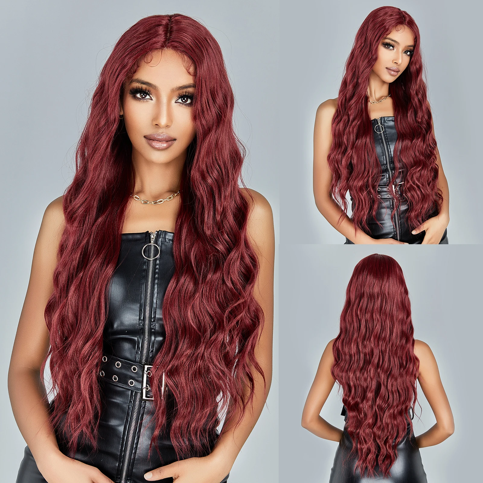 

Wine Red Long Water Wave Lace Front Synthetic Wigs with Baby Hairs Burgundy Middle Part Deep Wavy Wig for Women Heat Resistant