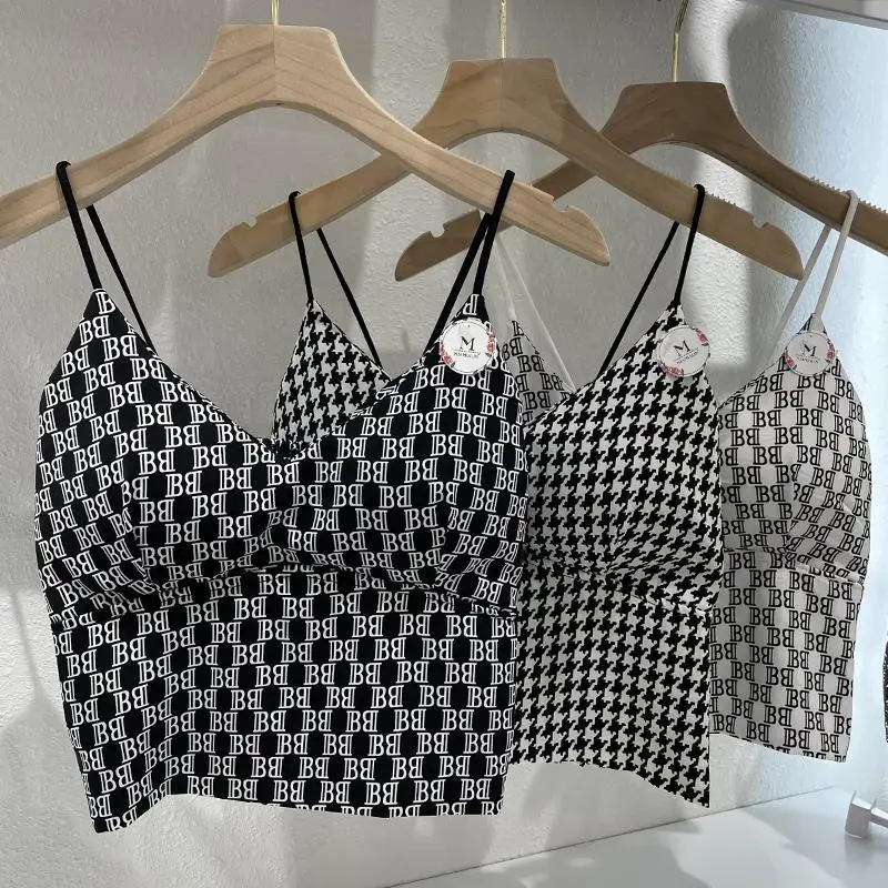 Crop Top Women Camis Halter Houndstooth Top Women Camisole 2022 Summer Sexy Sleeveless Slim Low Chest With Chest Pad Clothing womens cami