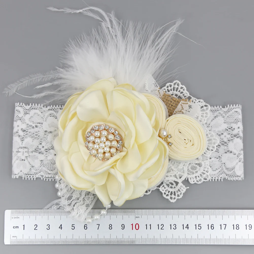 Vintage Flower Headband Baby Girls Headwraps Newborn Photography Props Gifts Lace Elastic Hair Bands Pearl Feather Accessories 2
