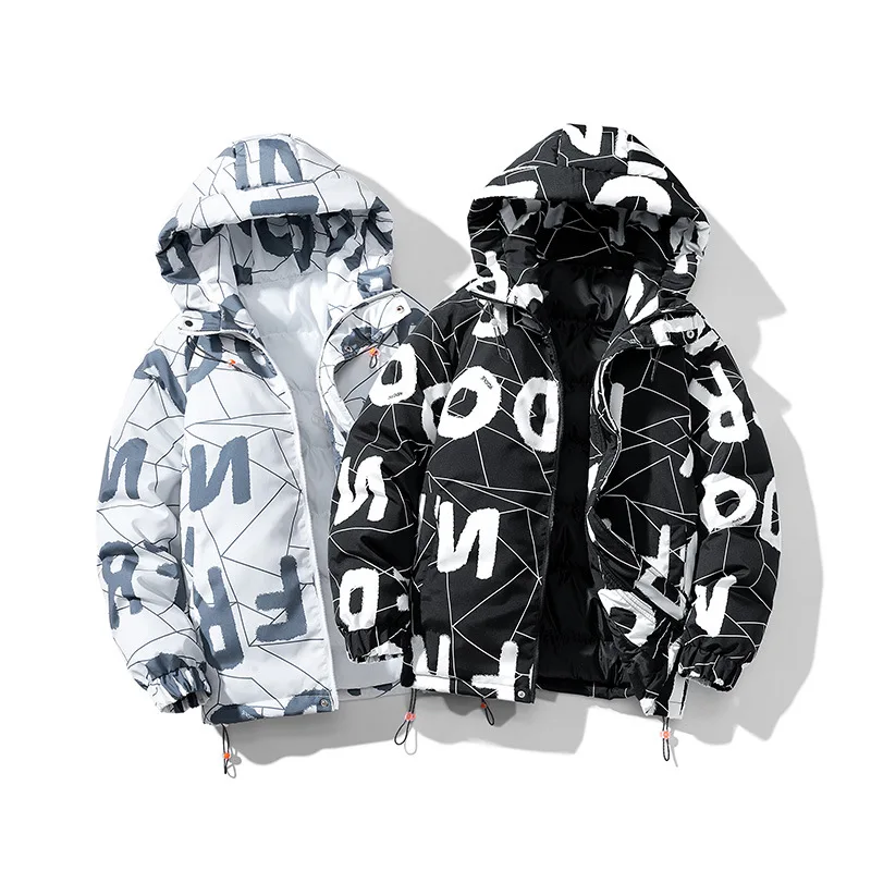 Mens Fashion Letter Printing Thickened Warm Hoodie Jacket Teenager Street Hip-hop Winter Jackets Outdoor Windproof Coats