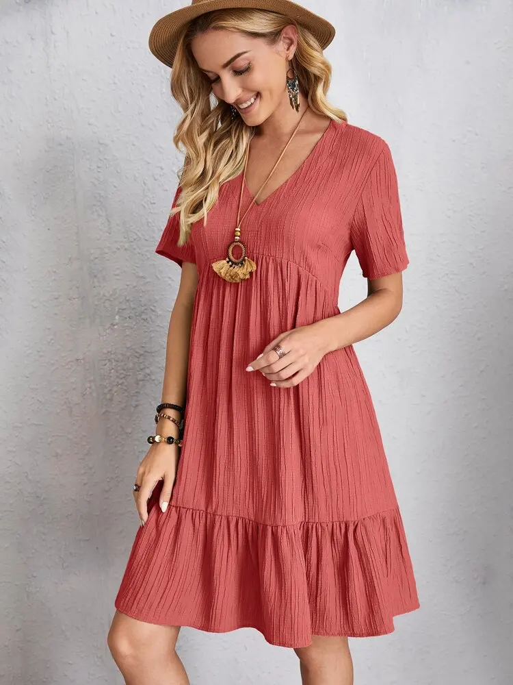 Elegant V Neck Ruffle Mini Dress - Womens Casual Summer Sundress