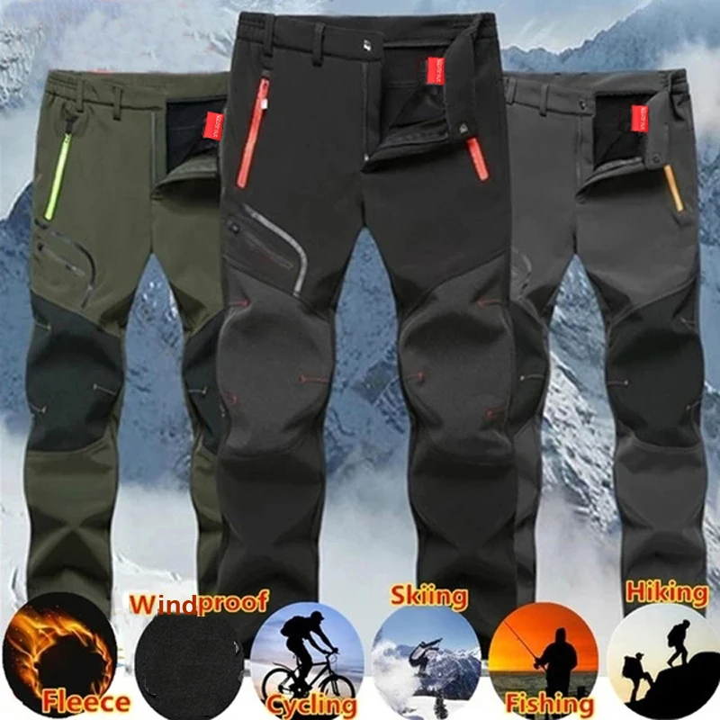 Men Elastic Fleece Outdoor Winter Warm Pants Softshell Trekking Climbing Hiking Camping Fishing Sport Training Oversize hiking pants,fleece pants