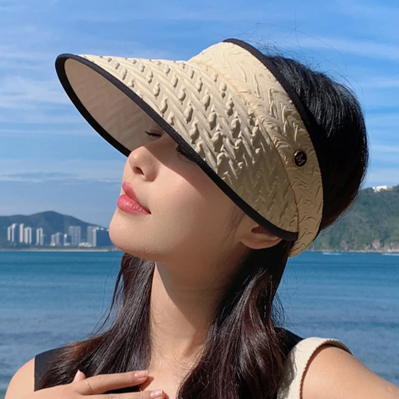 

Summer Outdoor Women Sun Hat Wave Crimping Design 12cm Large Brim Empty Top Cap Letter Lable Elastic Adjustment Hiking Beach Hat