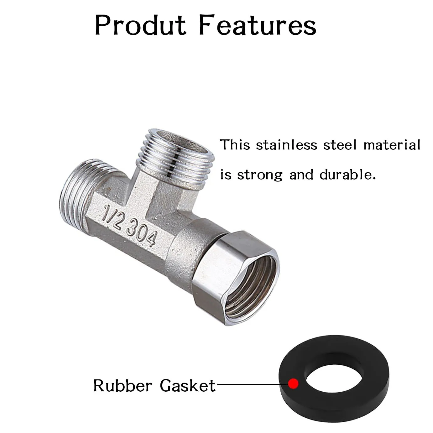 Stainless Steel 3-Way Diverter Thickened Male and Female Tee Flexible Removable Cap Connector T-Adapter