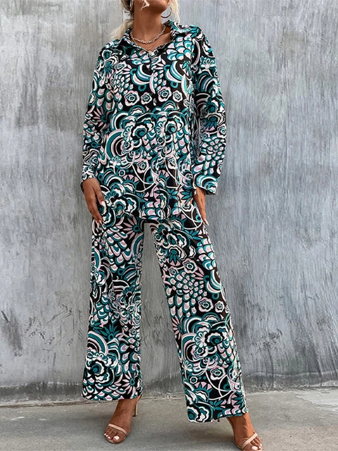 Women Fashion Print Pants 2 Piece Set Casual Long Sleeve Shirt Tops And Wide  Leg Trouser Suits 2022 Autumn Female Loose Outfits - Pant Sets - AliExpress