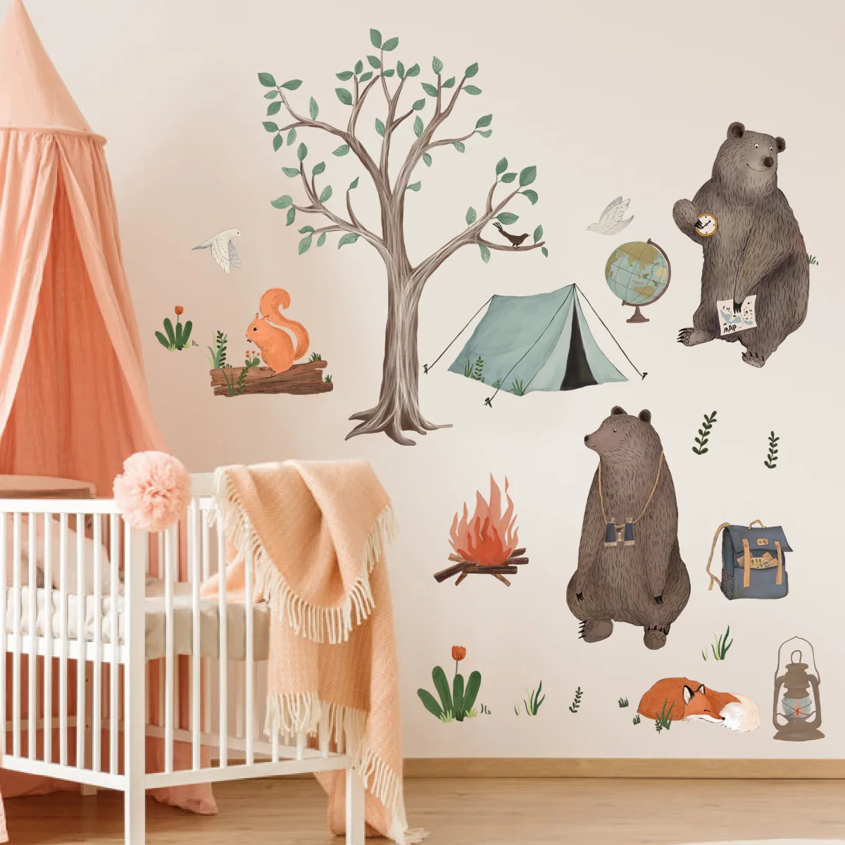 4pcs Hand Painted Tree And Bear Forest Animal Cartoon Wall Sticker Background Wall Decoration Self-adhesive Mural Wall Sticker