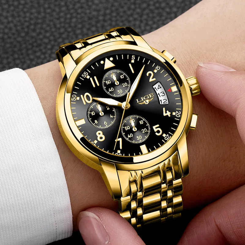 LIGE Watches For Men Golden Luxury Original Classic Quartz Clock
