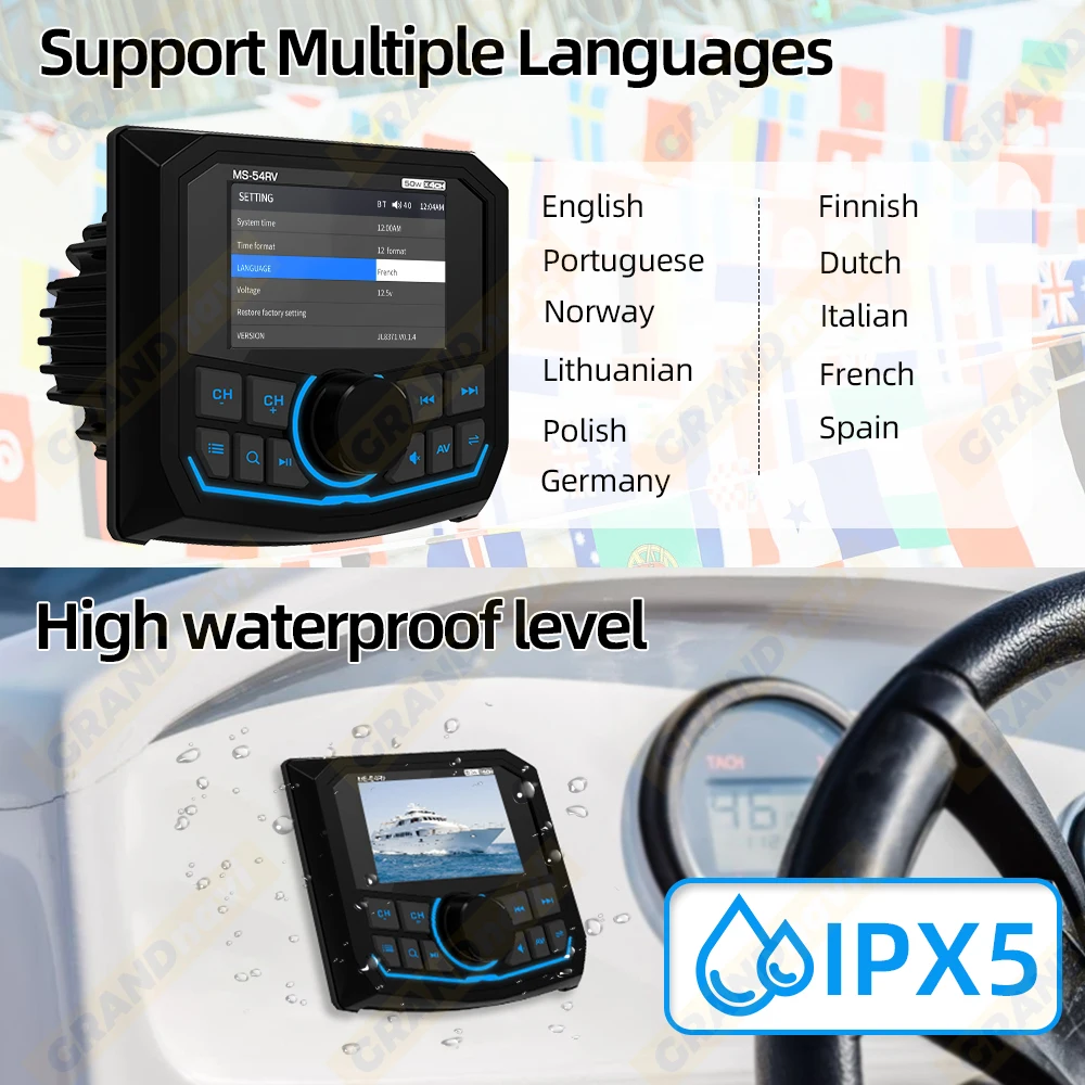 GRANDnavi MP5 Marine Stereo Waterproof Boat Radio Player Bluetooth FM AM RDS Audio Yacht Gauge RV ATV UTV Cart