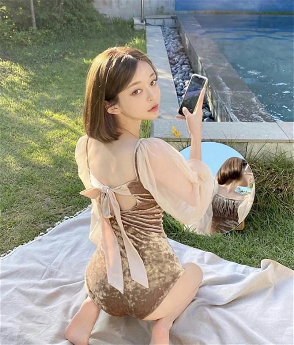 

Velvet One Piece Swimsuit Women Solid Swimwear Long Sleeve Monokini Push Up Swim Suit Korea Mesh Bathing Suit Pads Belt Skirt
