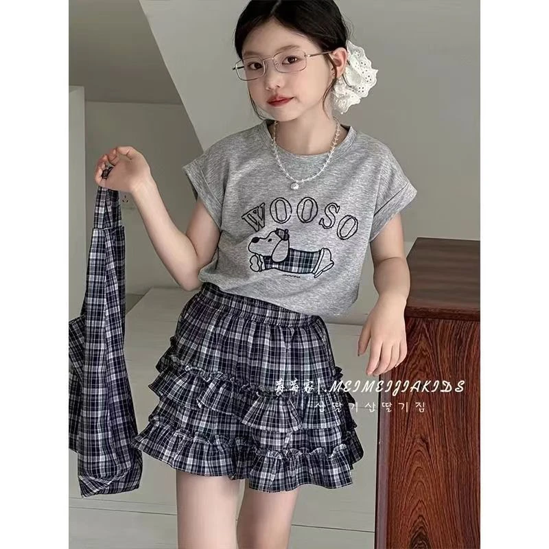 Toddler Girl 2Pcs Summer Outfits Cute Cartoon Print Short Sleeve T-Shirt Plaid Ruffle Skirt Set Kids Girls Casual Daily Clothes 5