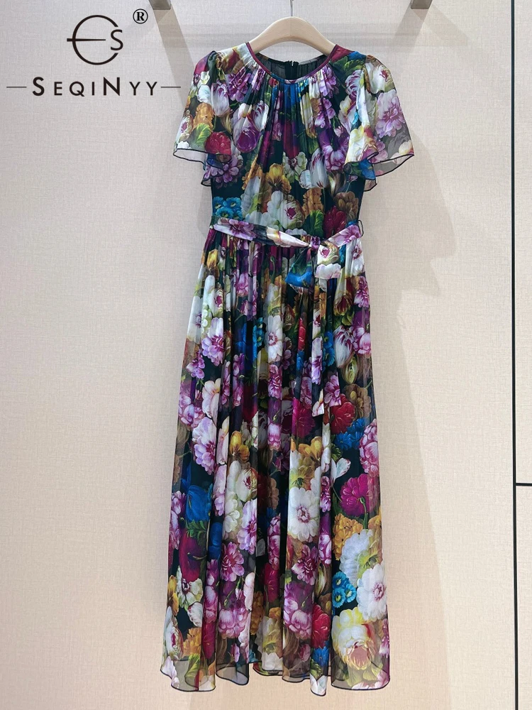 

SEQINYY 100% Silk Dress Summer Spring New Fashion Design Women Runway Short Flare Sleeve Vintage Sicily Flower Print Chiffon