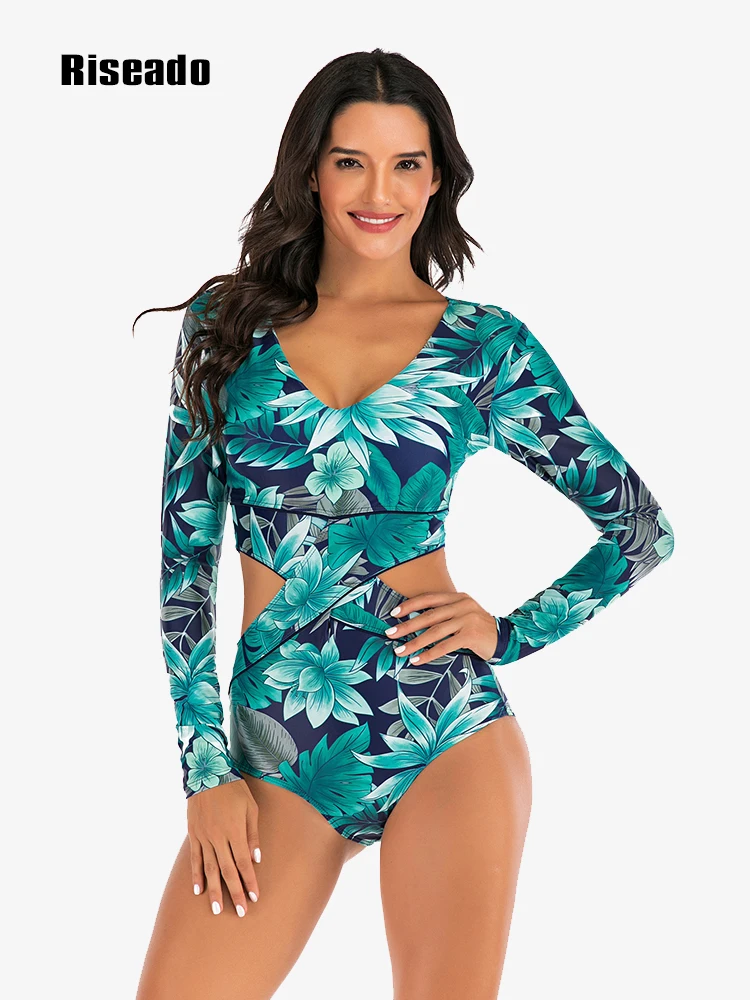 Leaf Print Rash Guard Women One Piece Swimsuits Swimwear Surfing Bathing Suits Beachwear (UPF 50+)