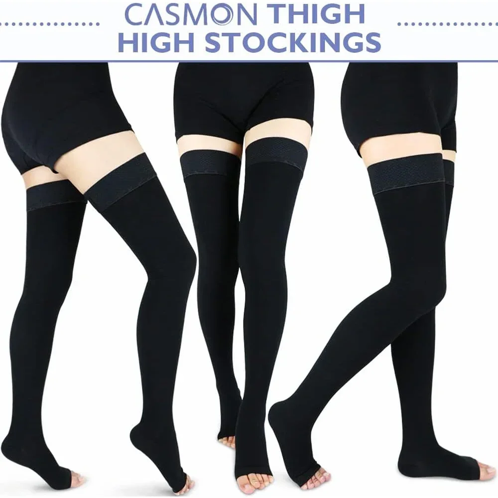 Leg Compression Sleeves 1Pair Women Open Toe Thigh High Compression Stockings Silicone Band 20-30mmHg Graduated Support Varicose Veins Edema Flight