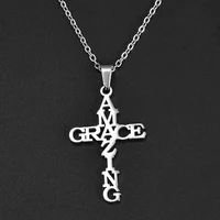 Dropshipping Stainless Steel Amazing Grace Cross Necklace Religion Jesus Fashion Pendants For Women Men Best Friend Gift Jewelry 1