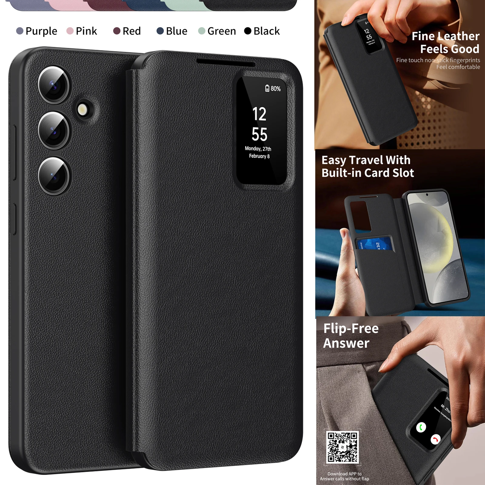 Smart Window Wallet Phone Case with Card Pocket Holder and Stand