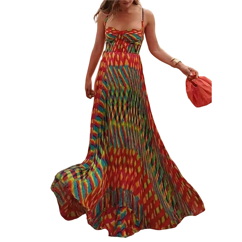 AG-Women's Sleeveless Slimming Print Suspender Dress V-Neck Casual Pleated Dresses