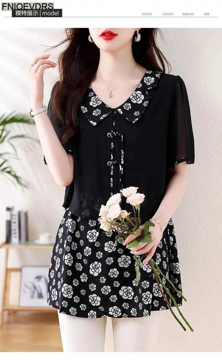 L-5XL Loose Clothes 2024 Women Summer Short Sleeve Elegant Ruffles Shirts Casual Retro Floral Tunic Peplum Tops And Blouses