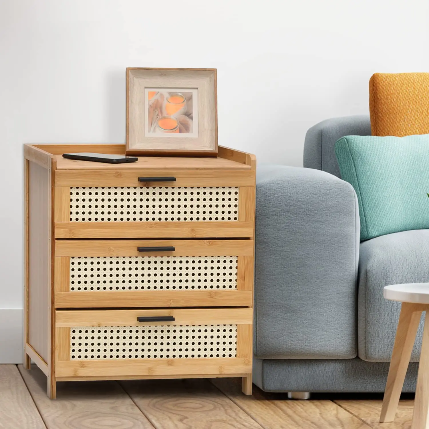 Bamboo Nightstand with 3 Drawers, Rattan Pattern, End Table, Sofa Side Table, Bedside Table for Small Space, Accent Side Table