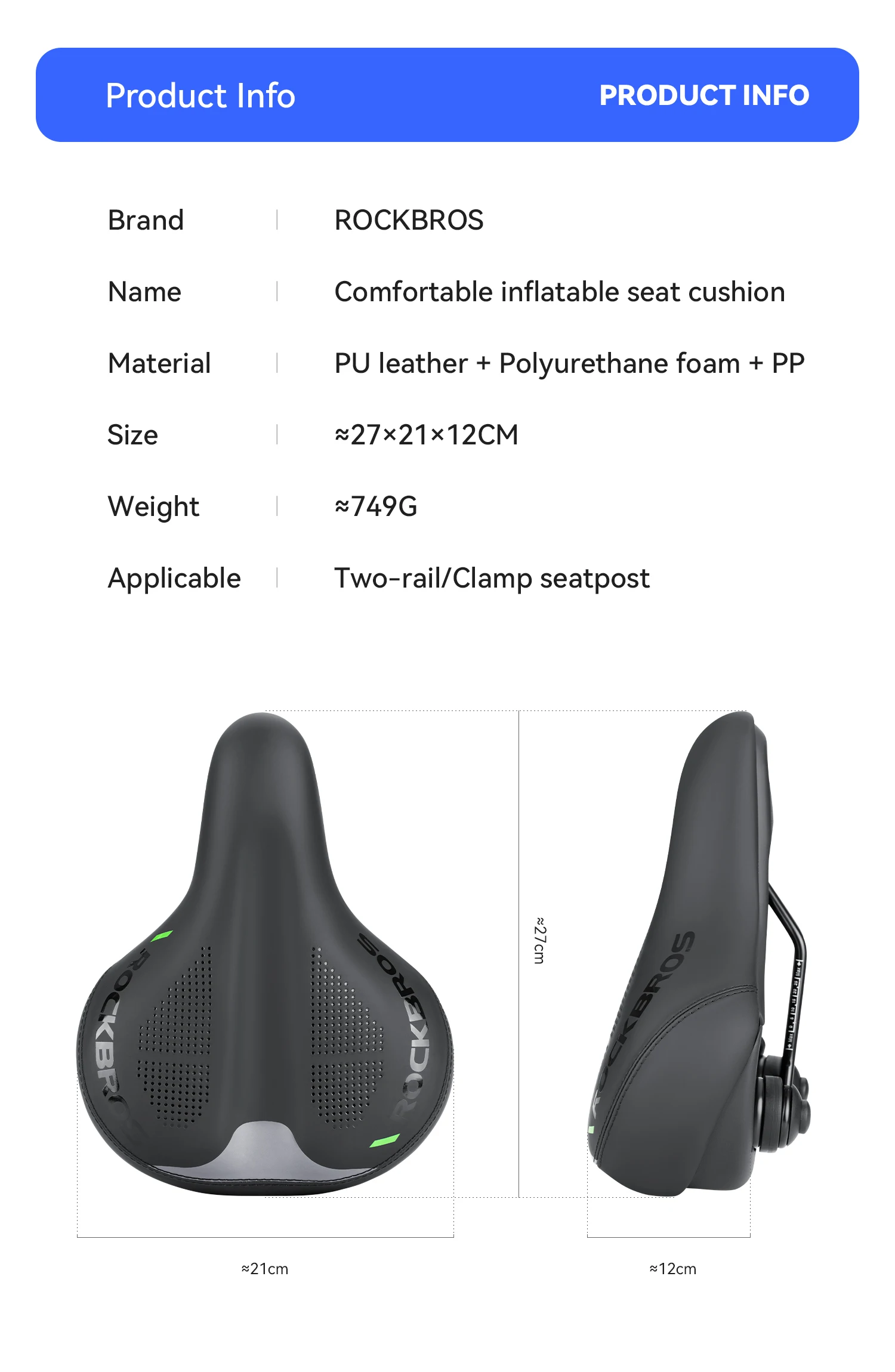 ROCKBROS Fahrradsattel mit Doppelter Stoßdämpfung, Fahrrad-Airbag-Sitzkissen, Härtegrad-Einstellbar, Rutschfest, Komfortabler Sattel – Detail 14