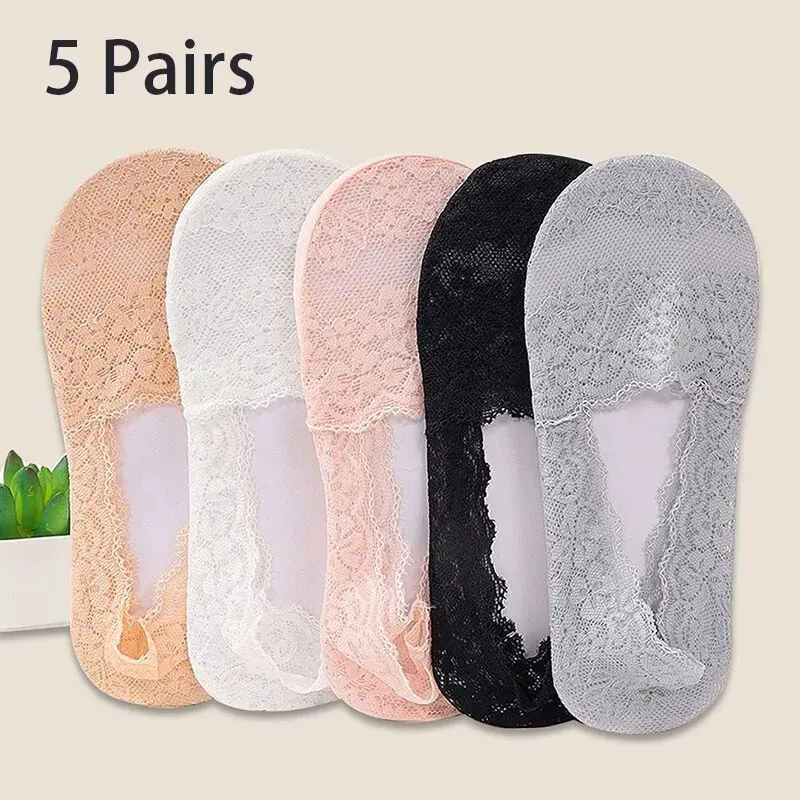 5 Pairs of Women's Spring Summer Breathable Sweat Absorption Deep Mouth Lace Silicone Non-Slip Thin Cherry Blossom Boat Socks