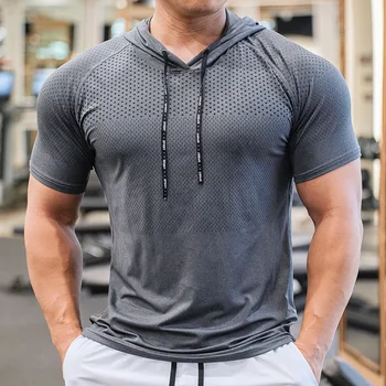 Men Running Hoodies Bodybuilding Sport Hooded Short Sleeve Gyms Fitness Clothing Muscle Shirt Quick Drying Training T-Shirt 2