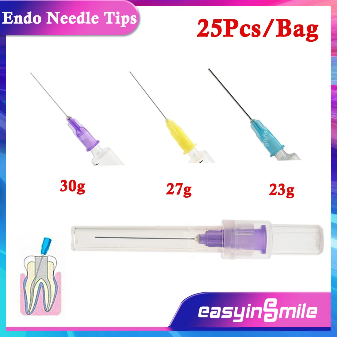 

Easyinsmile 25Pcs Dental Syringes Irrigation Endo Needle Tips 23g/27g/30g End-Closed Side Hole Tip Endodontic Irrigation