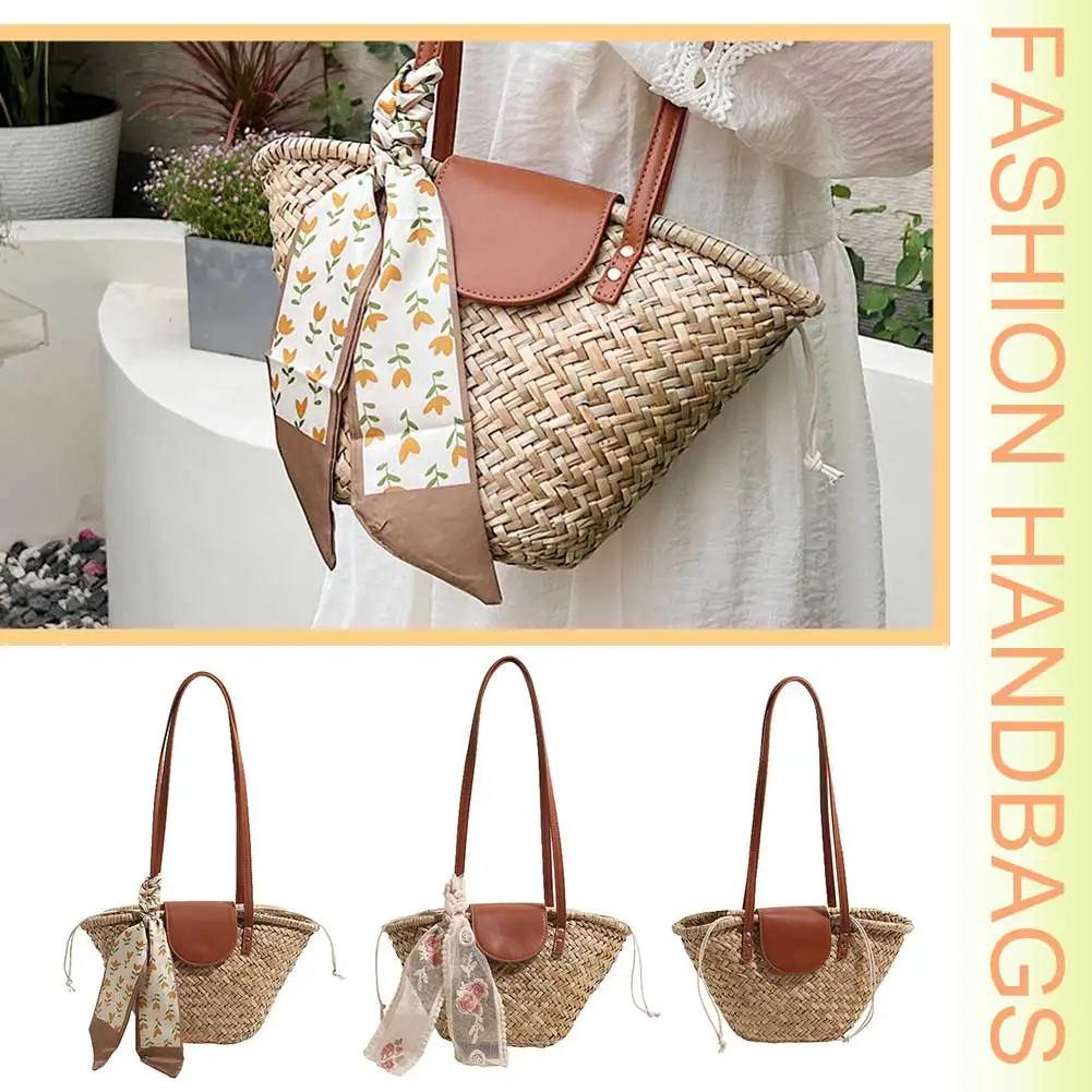 Straw Woven Beach Bag Summer Hand-Woven Underarm Bag with Ribbon Women Large Capacity Knitted Tote Bag Bohemian Braiding Handbag